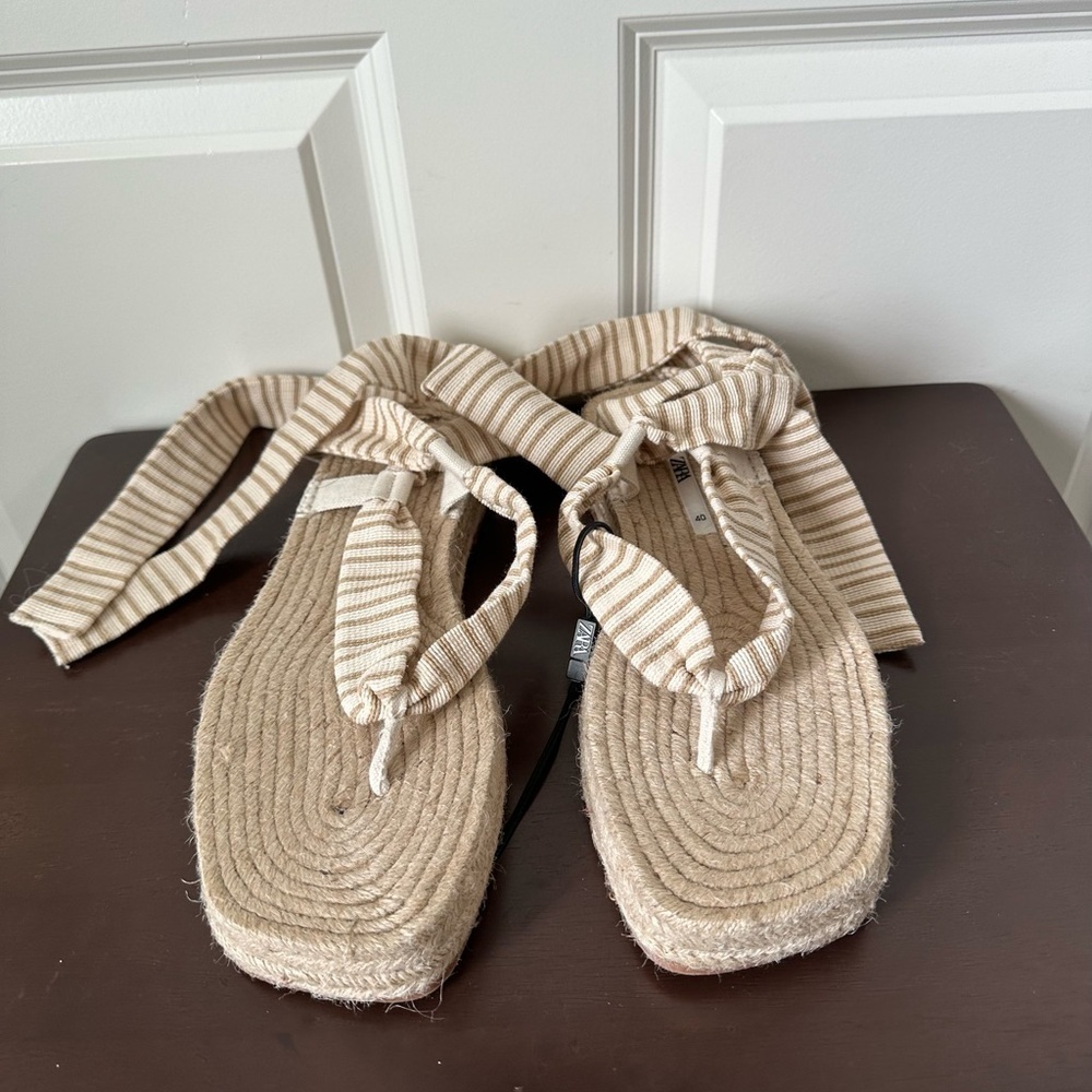 Zara Lace Up Striped Espadrille Sandals 40 , US 9.5